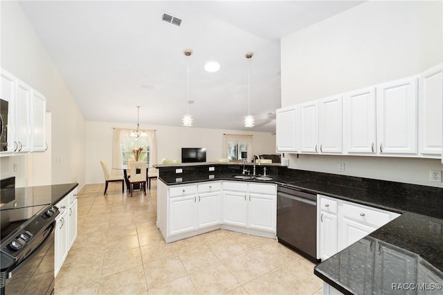 kitchen featuring hanging light fixtures, sink, white cabinets, and black appliances