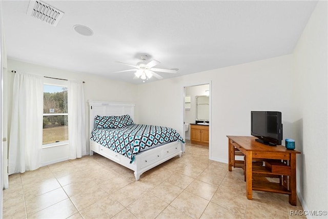 bedroom featuring light tile patterned flooring and ceiling fan