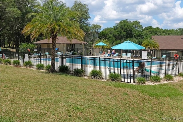 view of pool featuring a lawn