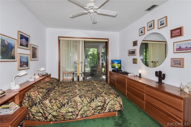 bedroom with carpet flooring, access to outside, and ceiling fan