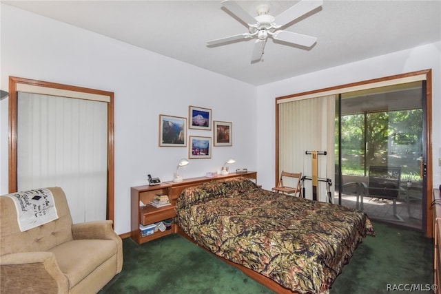 bedroom featuring dark colored carpet, access to outside, and ceiling fan