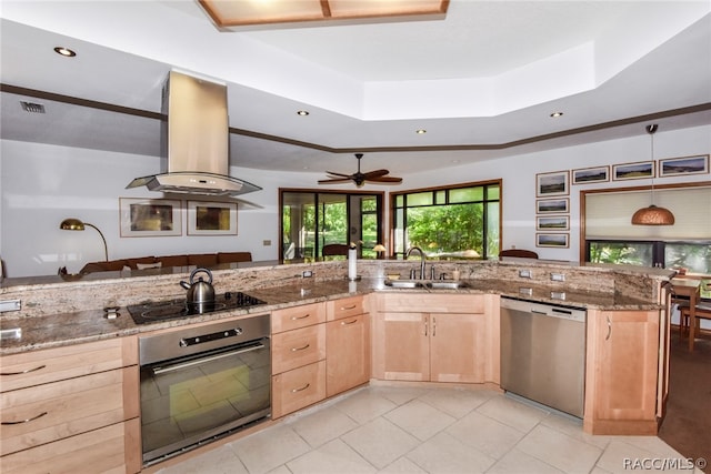 kitchen with a raised ceiling, sink, light brown cabinetry, island exhaust hood, and stainless steel appliances