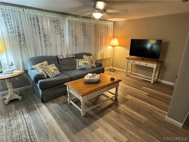 living room with ceiling fan and wood-type flooring