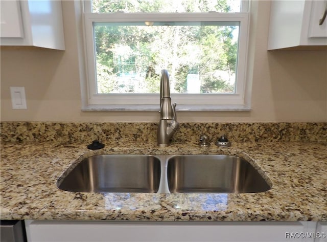 interior details with white cabinets, light stone counters, and sink