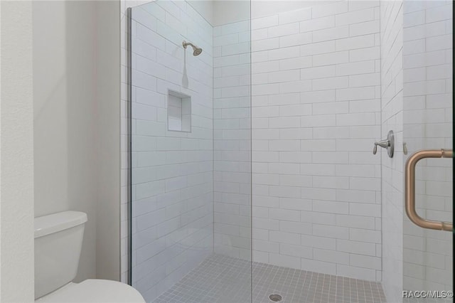 full bathroom featuring a shower stall and toilet