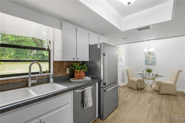 kitchen featuring a sink, dark countertops, stainless steel appliances, white cabinetry, and visible vents