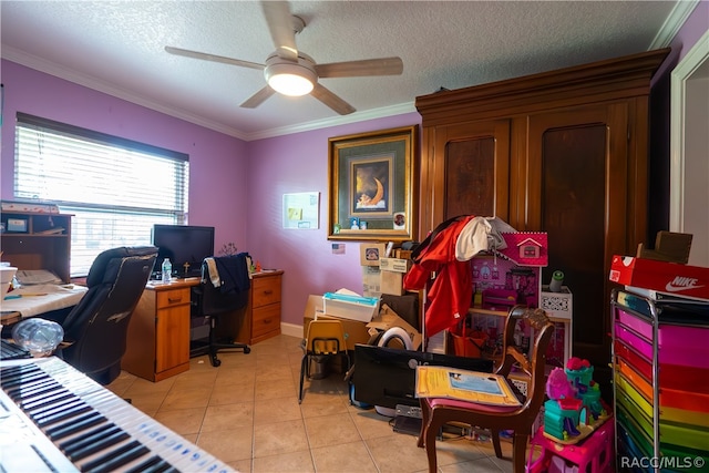 office space with light tile patterned floors, a textured ceiling, ceiling fan, and ornamental molding