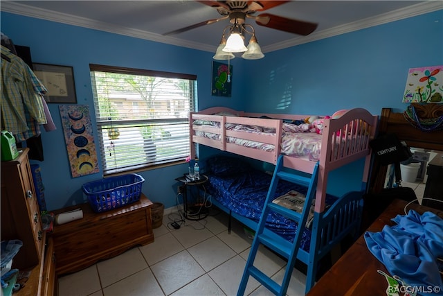 bedroom featuring tile patterned floors, ceiling fan, and ornamental molding