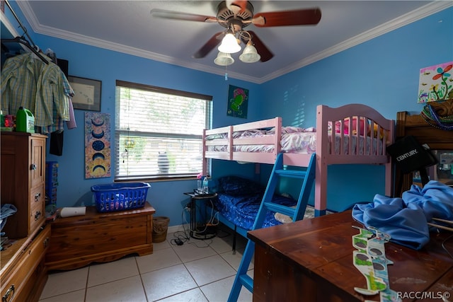 bedroom featuring ceiling fan, crown molding, and light tile patterned floors