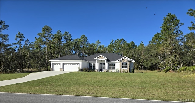 single story home featuring a front yard and a garage