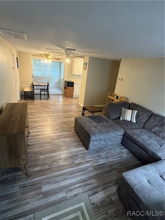 living room with hardwood / wood-style flooring and ceiling fan