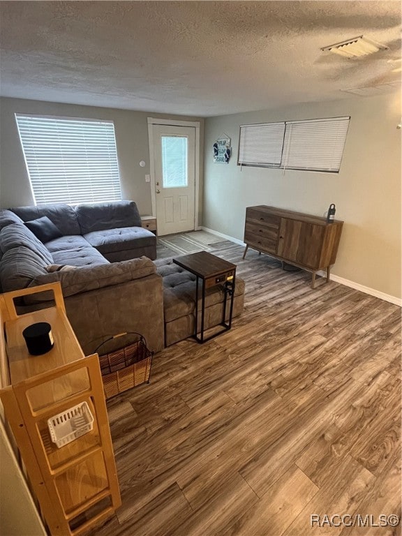 living room with hardwood / wood-style floors, a textured ceiling, and a wealth of natural light