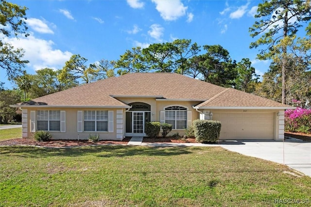 single story home with roof with shingles, driveway, stucco siding, a front lawn, and a garage