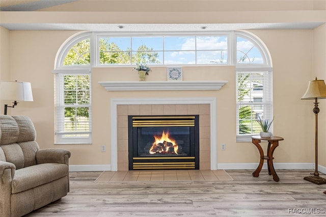 sitting room featuring a fireplace, a wealth of natural light, and light hardwood / wood-style flooring