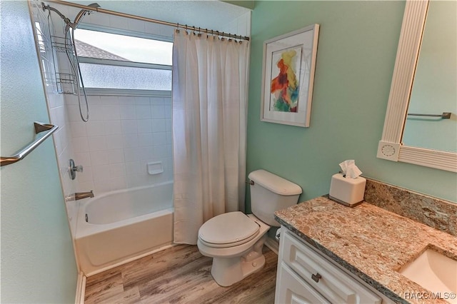 full bathroom with vanity, wood-type flooring, toilet, and shower / bathtub combination with curtain