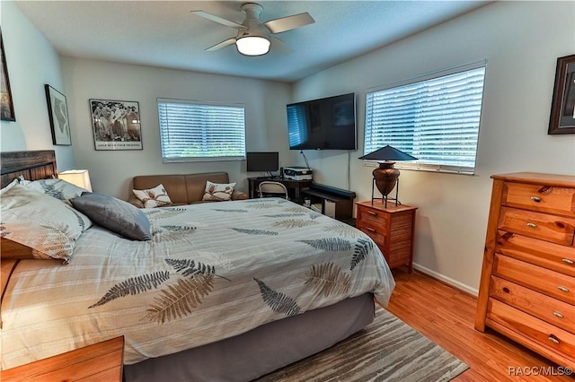 bedroom featuring light wood-type flooring and ceiling fan