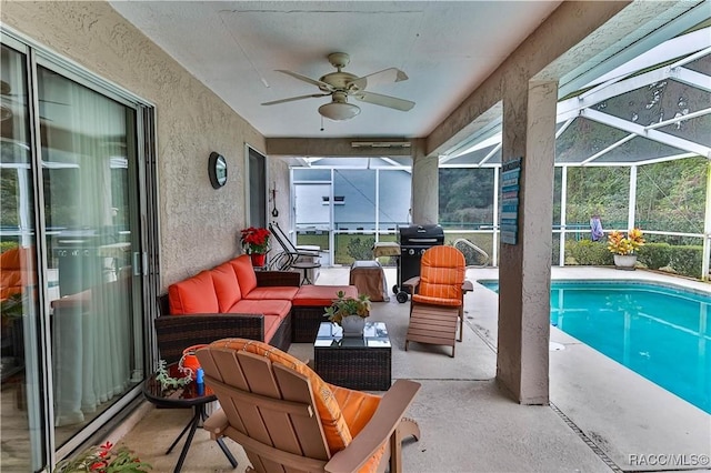 exterior space featuring an outdoor living space, a patio, and a lanai