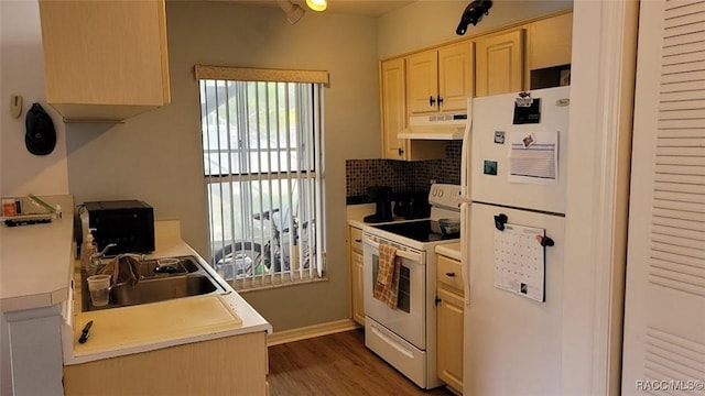 kitchen with wood-type flooring, decorative backsplash, sink, white appliances, and light brown cabinets