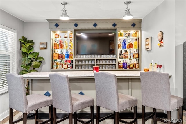 bar with baseboards, hanging light fixtures, a bar, and wood finished floors