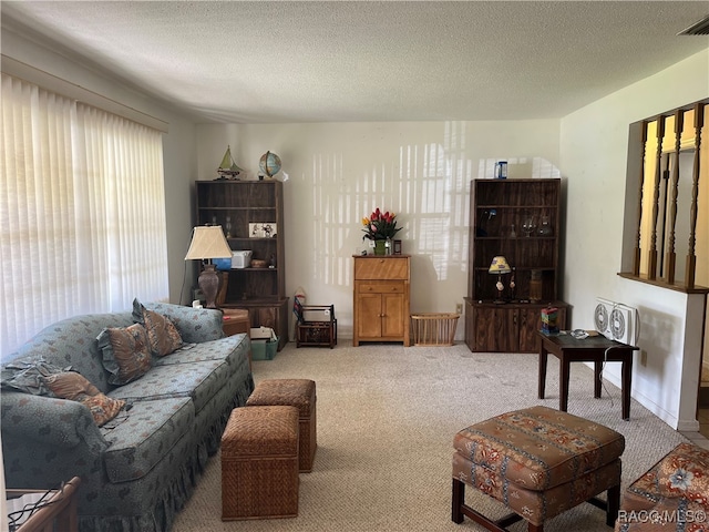 living room featuring a textured ceiling and carpet floors