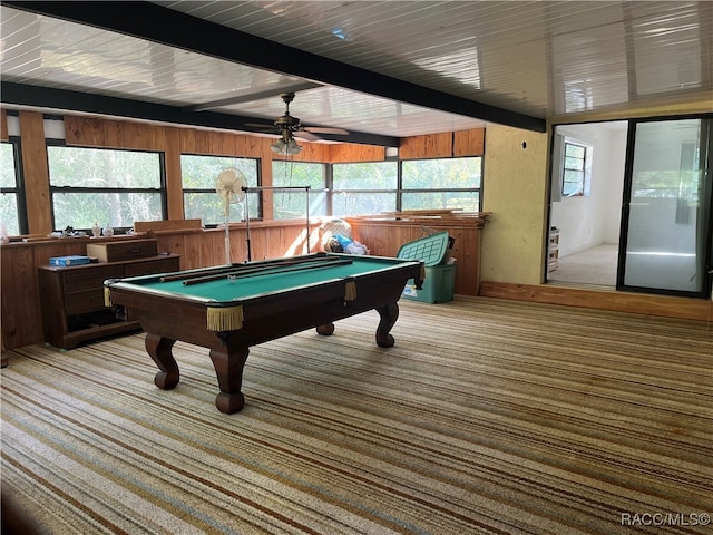 rec room featuring beamed ceiling, light carpet, ceiling fan, and pool table