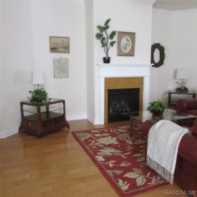 living room with hardwood / wood-style flooring and crown molding