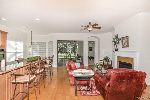 living room featuring crown molding, ceiling fan, and light wood-type flooring