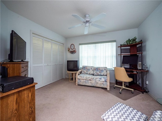 office space featuring ceiling fan and carpet