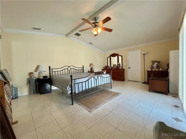 bedroom with lofted ceiling with beams, ceiling fan, and crown molding