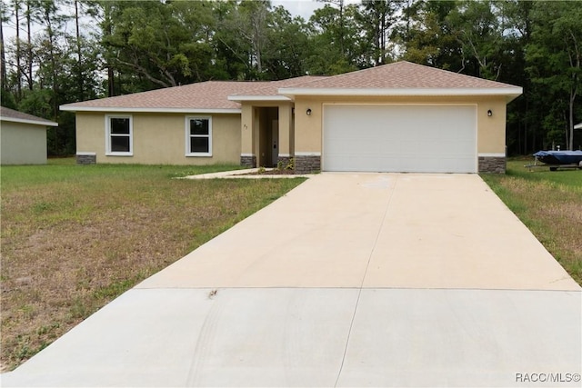 97 W Camino Ln, Citrus Springs, FL 34434 - ranch-style house with a front lawn, stucco siding, driveway, and stone siding