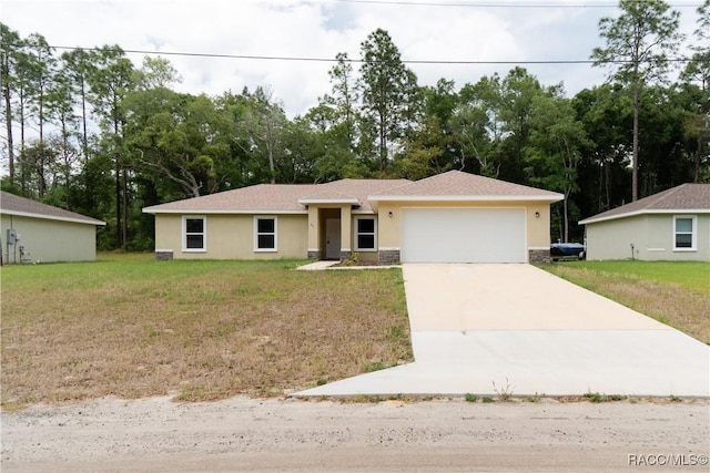 97 W Camino Ln, Citrus Springs, FL 34434 - ranch-style home featuring concrete driveway, stucco siding, an attached garage, and a front lawn