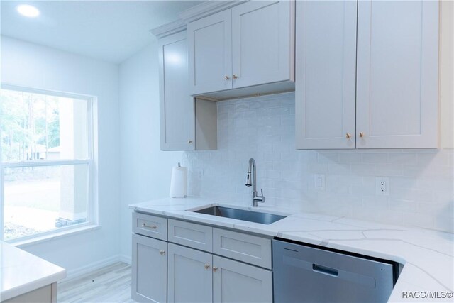 97 W Camino Ln, Citrus Springs, FL 34434 - kitchen featuring light stone countertops, decorative backsplash, a sink, and dishwasher