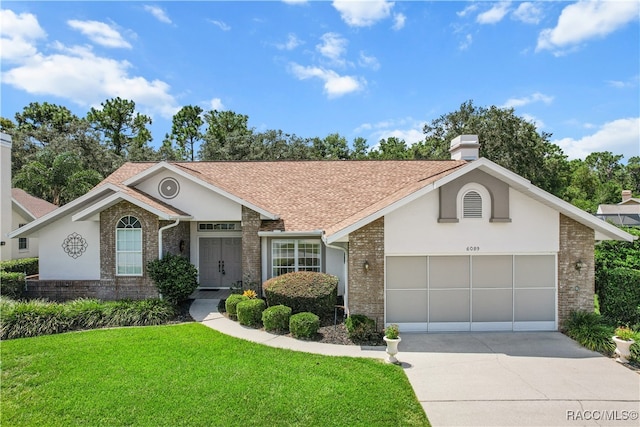 ranch-style house with a front yard and a garage