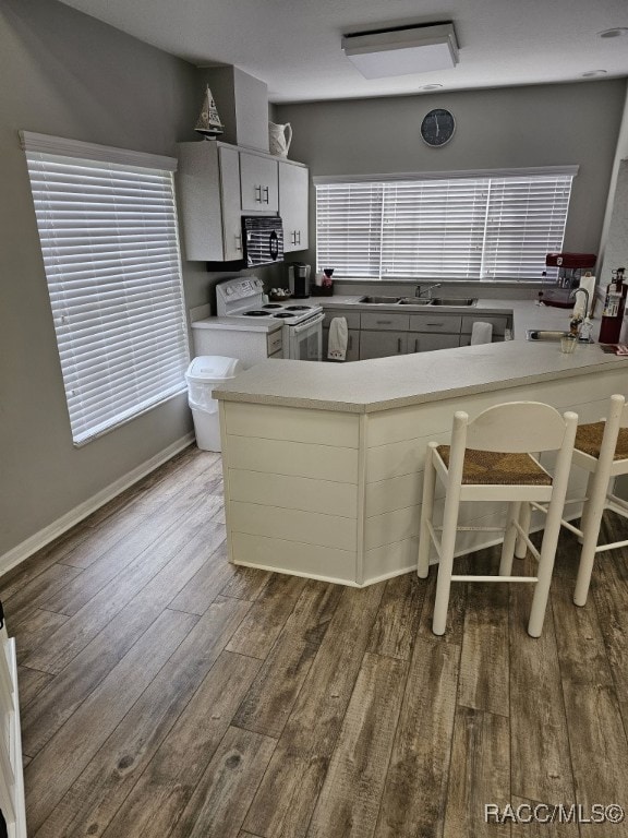 kitchen with kitchen peninsula, wood-type flooring, electric range, and sink