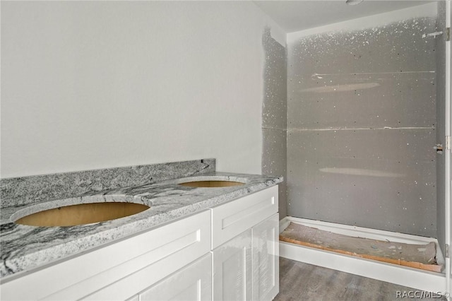 bathroom with hardwood / wood-style floors and vanity