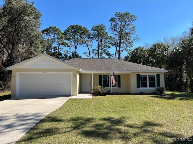 ranch-style house featuring a garage, concrete driveway, roof with shingles, stucco siding, and a front lawn