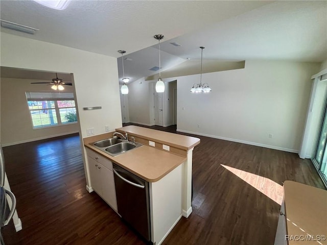 kitchen featuring dishwasher, lofted ceiling, open floor plan, dark wood-type flooring, and a sink