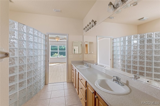 bathroom featuring vanity, tile patterned floors, and ceiling fan