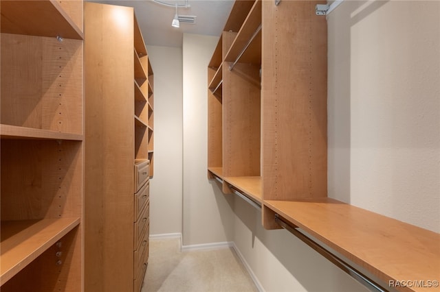 spacious closet featuring light colored carpet