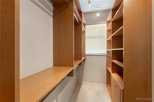 walk in closet featuring light colored carpet