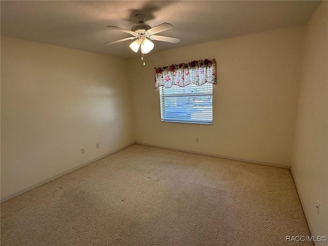 empty room featuring ceiling fan and carpet