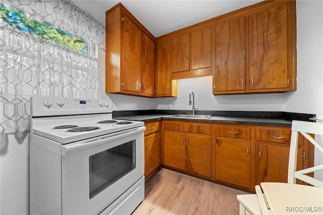 kitchen featuring white electric stove, a sink, and brown cabinets