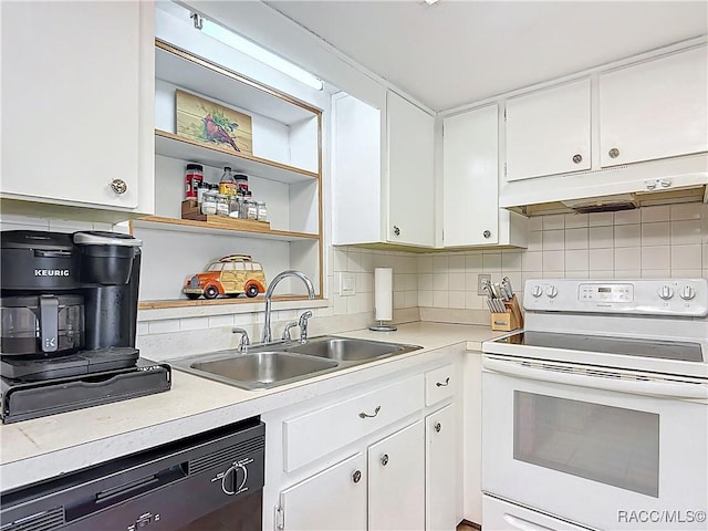 2582 W Fairway Loop, Citrus Springs, FL 34434 - kitchen featuring white electric stove, under cabinet range hood, dishwasher, light countertops, and backsplash
