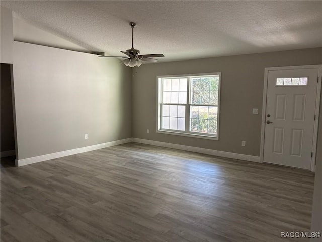 foyer entrance with a textured ceiling and wood finished floors