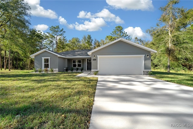 single story home with a front yard and a garage