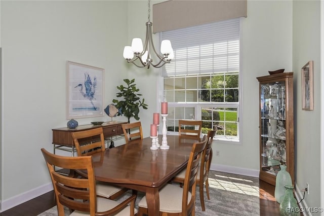 dining space with an inviting chandelier and wood-type flooring