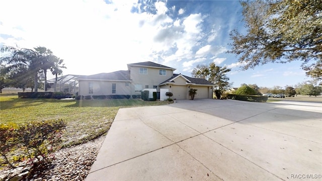 traditional home with a garage, a front yard, glass enclosure, and driveway