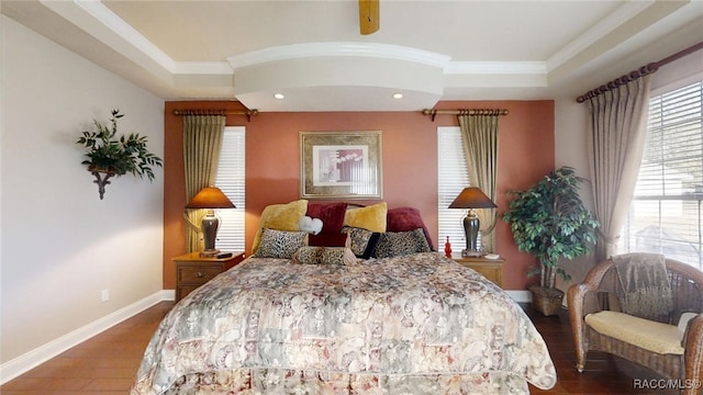 bedroom featuring recessed lighting, ornamental molding, a ceiling fan, wood finished floors, and baseboards