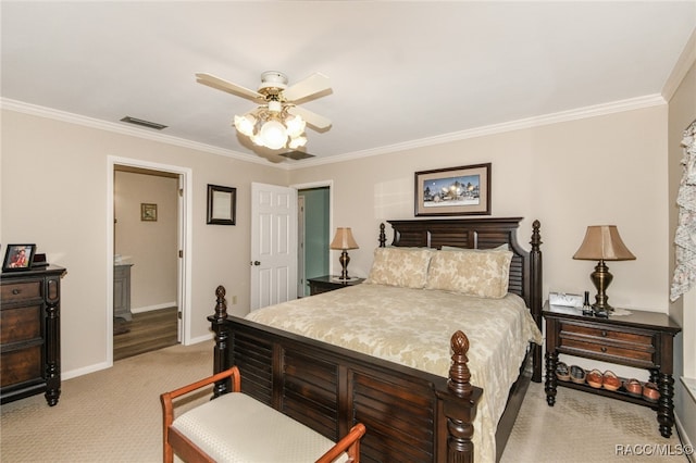 bedroom with ensuite bath, ceiling fan, crown molding, and light carpet