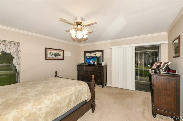 bedroom featuring access to outside, ceiling fan, and crown molding